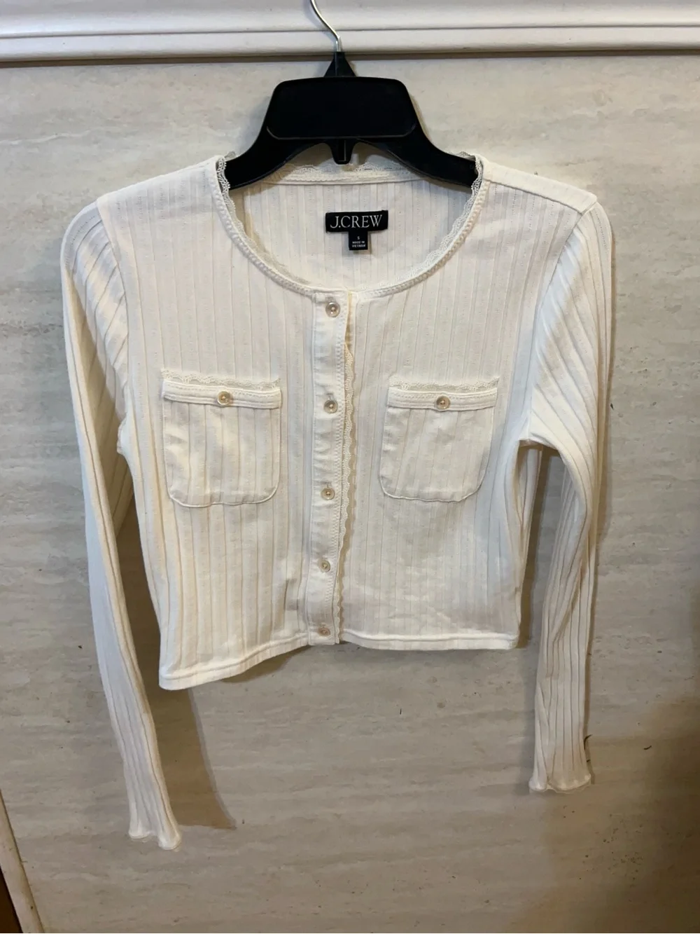J.Crew Ribbed Lace-Trim Cropped Cardigan